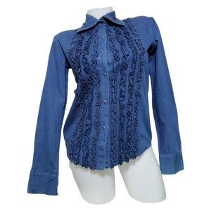Alpelo Keen Women Ruffle Denim Jeans Shirt Size Small
